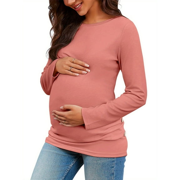 Long Sleeved Women's Casual Comfort Solid Stretch Maternity Tops Side Button and Ruched Waist Top Maternity T-Shirt