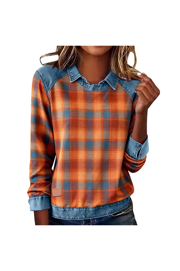 Long Sleeved Women's Checkered Pullover - Lapel Denim Patchwork Stitching, Casual Trendy Sweatshirt for Commute & Outings Orange XL