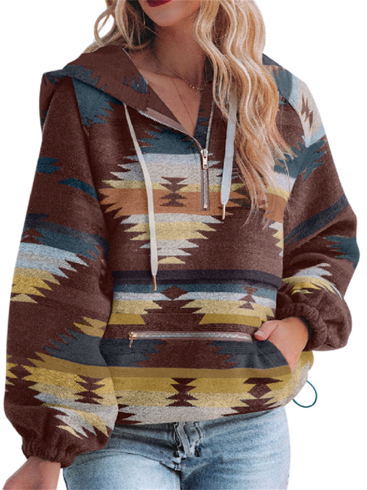 Long Sleeved Womens Aztec Half Zip Up Hoodies Sweatshirt Casual Oversized Ethnic Tribal Hooded Pullover Shirt Top