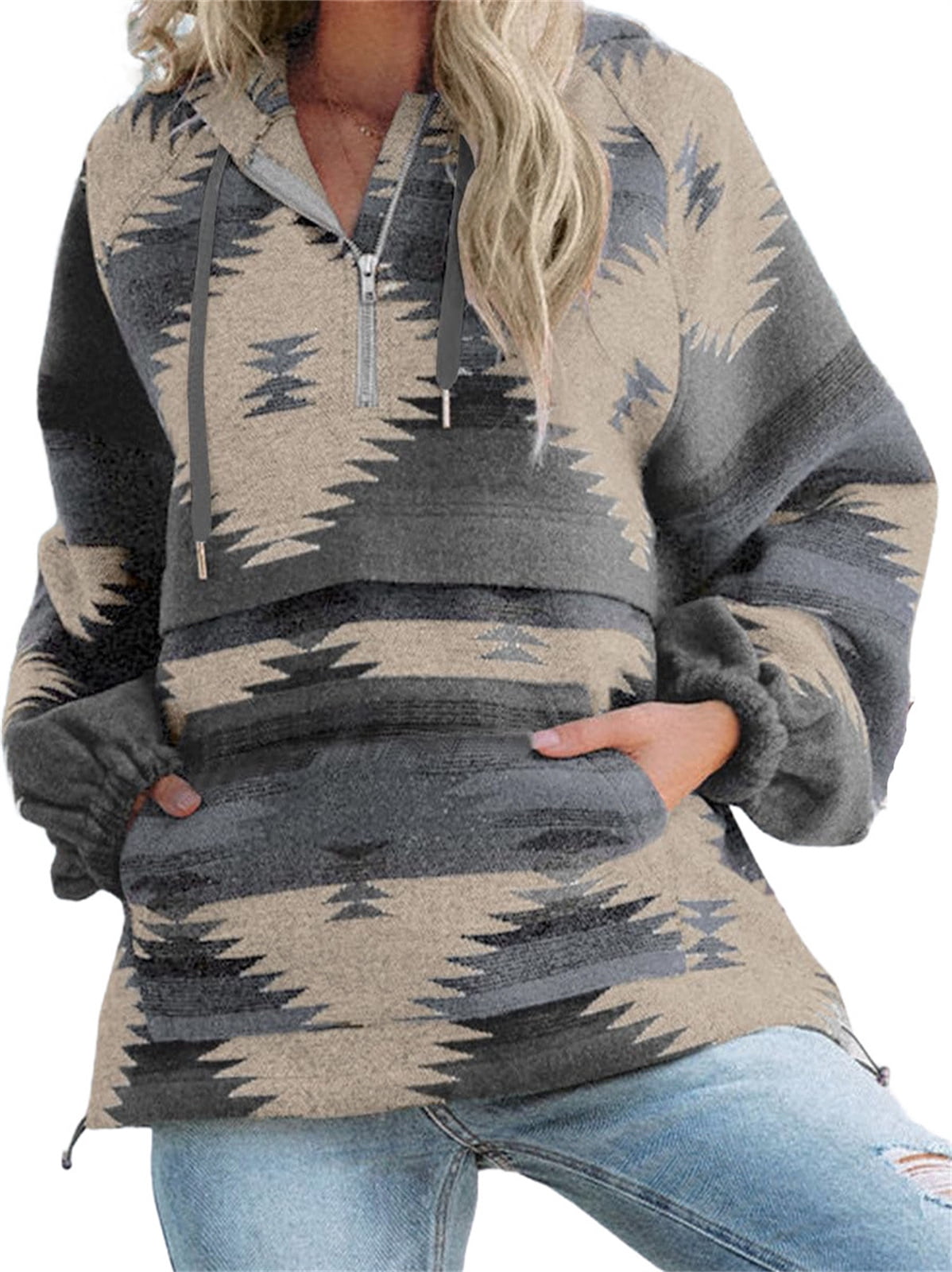 Long Sleeved Womens Aztec Half Zip Up Hoodies Sweatshirt Casual Oversized Ethnic Tribal Hooded Pullover Shirt Top