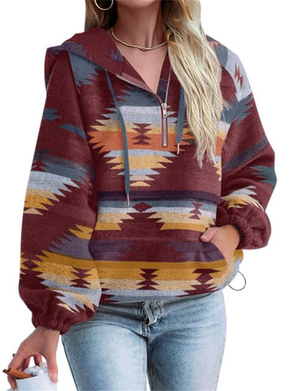 Long Sleeved Womens Aztec Half Zip Up Hoodies Sweatshirt Casual Oversized Ethnic Tribal Hooded Pullover Shirt Top