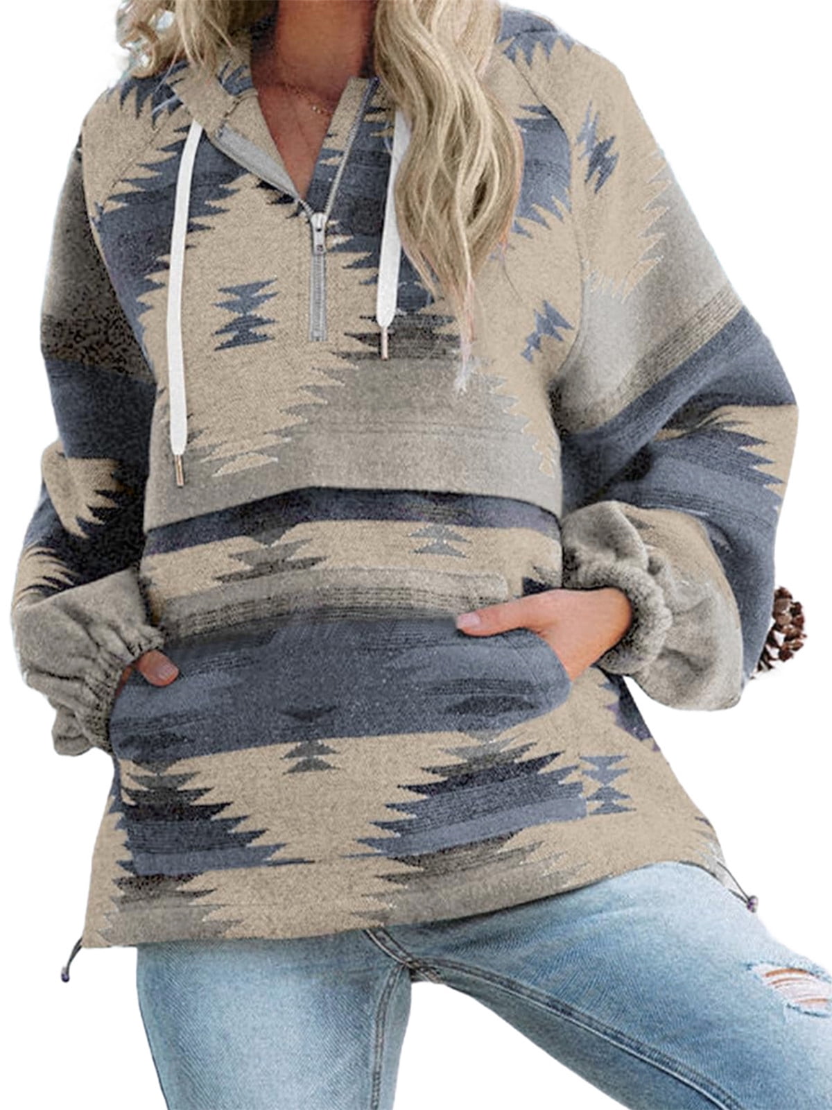Long Sleeved Womens Aztec Half Zip Up Hoodies Sweatshirt Casual Oversized Ethnic Tribal Hooded Pullover Shirt Top