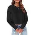 thumbnail image 1 of Long Sleeved Women Cropped T-Shirts Round Neck Drop Shoulder Crop Solid Casual Crop Tops, 1 of 4