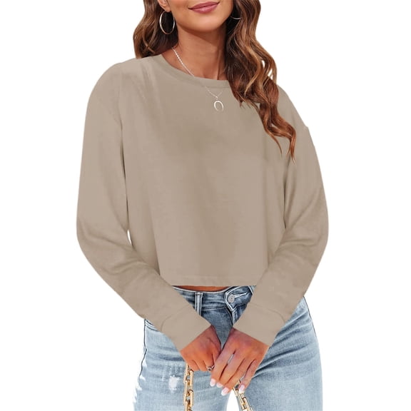 Long Sleeved Women Cropped T-Shirts Round Neck Drop Shoulder Crop Solid Casual Crop Tops