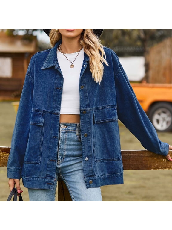 Long Sleeves Denim Jean Jacket Women's Washed Oversized Denim Jacket Lapel Button Front Loose Jean Coat with Patch Pockets for Daily Streetwear Dark Blue M