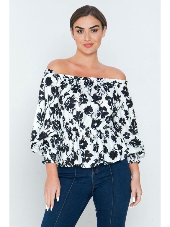 Long Sleeves Off Shoulder Neckline Printed Shirt
