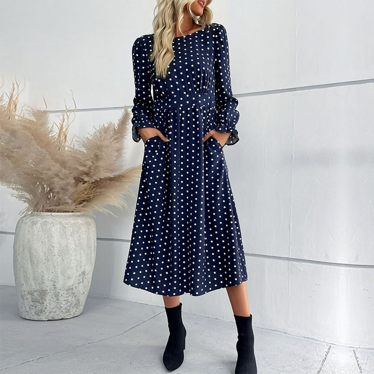Blue polka dot long sleeve dress deals