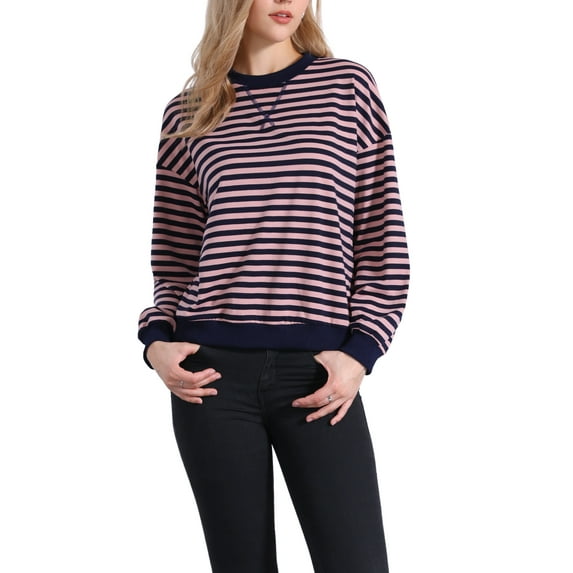 Long Sleeves Pullover Tops for Women Striped Crew Neck Sweatshirt L Pink