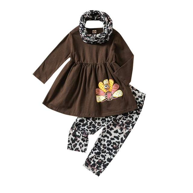 Long Sleeves Teen Girls Thanksgiving Kids Child Baby Girls Cute Cartoon Long Sleeve Dress Blouse Tops Leopard Print Pants Trousers With Headbands Clothes Set 3PCS Cute Outfit Kid Girl