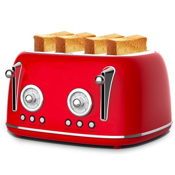 Long Slot Toaster 4 Slice Wide Slot, Stainless Steel Toaster with 6 Browning Settings & Bagel Defrost/Reheat Functions, Compact Kitchen Toasters with Removable Crumb Tray, 1650W (Red)