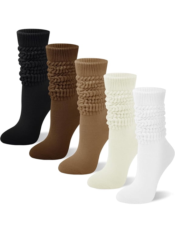 Long Slouchy Socks for Women 5 Pairs | Soft Cotton, Scrunch Stockings for Women Girls, Casual Crew Tube, Knee High, Thick Knit, Boot Slouch Socks for Winter