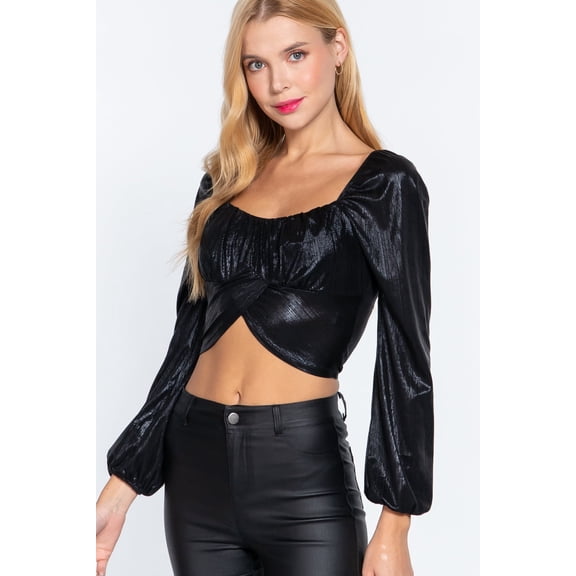 Global Brand License Long Sleeve Ruched Metallic Knit Top, Black, S
