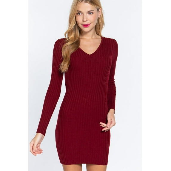 Long Slv V-neck Sweater Mini Dress