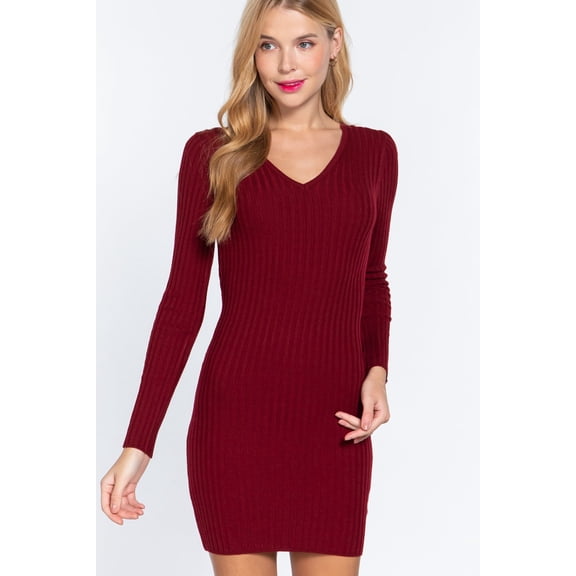 Long Slv V-neck Sweater Mini Dress