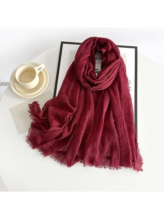 Long Soft Scarf For Women Men Solid Color Imitation Cotton-Linen Thin Scarf Fringed Edges Linen Scarf Shawl Travel Women'S Scarf Wrinkle-Resistant Lightweight Scarf Daily Casual Summer Scarf