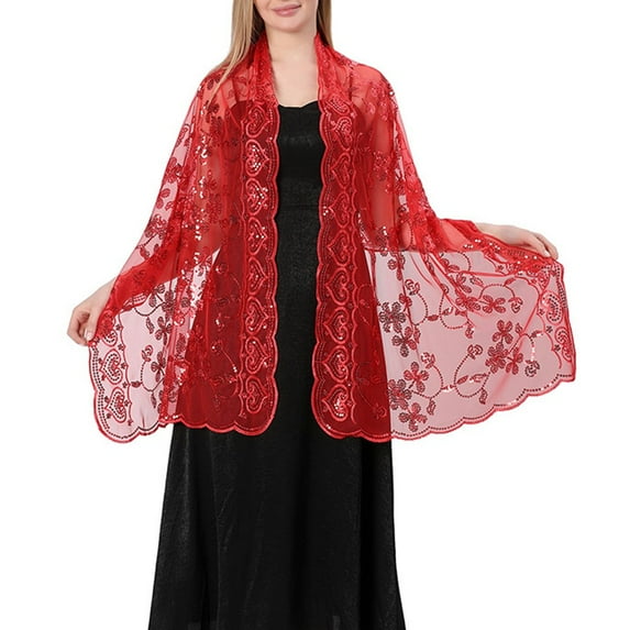 Long Sparkly Sequin Sheer Tulle Lace Embroidery Shawl Wrap Scarf Evening Wedding