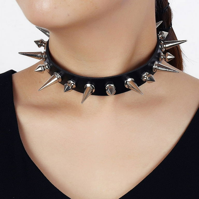Long Spike Choker Punk Faux Leather Collar Goth Style Necklace