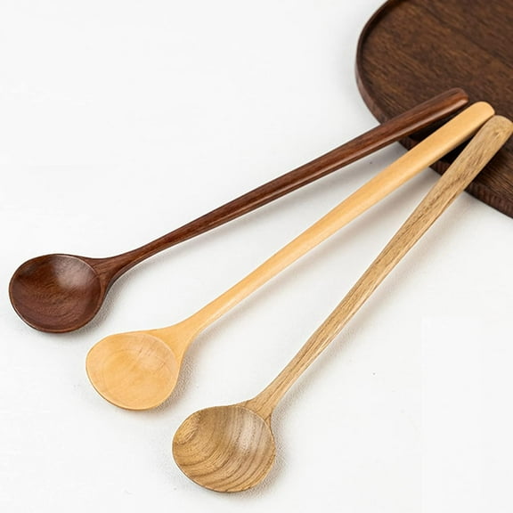 Long Spoons Wooden Stirring 3 Pieces Korean Style Soup Spoon Natural Wood Long Handle Round Spoons for Soup Cooking Mixing Kitchen Tools Wooden Utensils(10.9 inches)