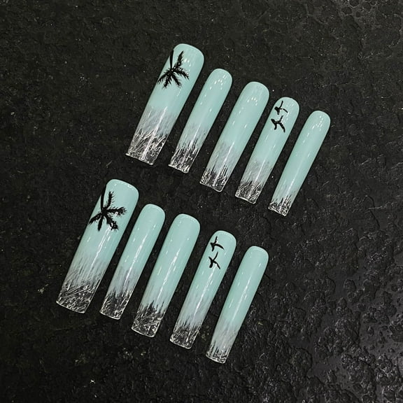 Long Square Celestial Blue Artistic French Designs Press On Nails for Women Long French Kit Acrylic Handmade Nails Long Lasting