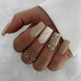 thumbnail image 1 of Long Square False Nails, 24pcs Acrylic Press-on Nails with Glossy Glue, Autumn Brown Marble Ombre, Bling Gold Glitter, Squoval Design, Full Well Tips, Ideal for Social Occasions 0247Brown 0.04 Fl, 1 of 4