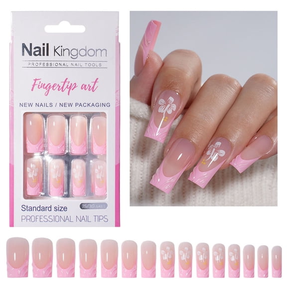 Long Square French Tip Press On Nails 30pcs Full Covers Acrylic False Nails With Glossy Designs for Wedding Party