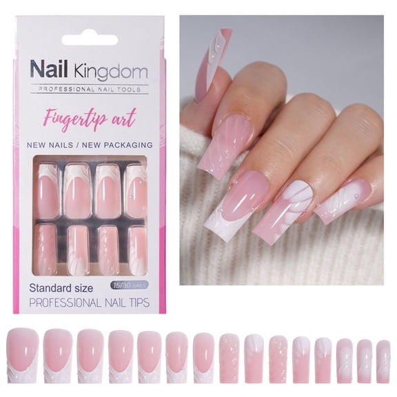 Long Square French Tip Press On Nails 30pcs Full Covers Acrylic False Nails With Glossy Designs for Wedding Party