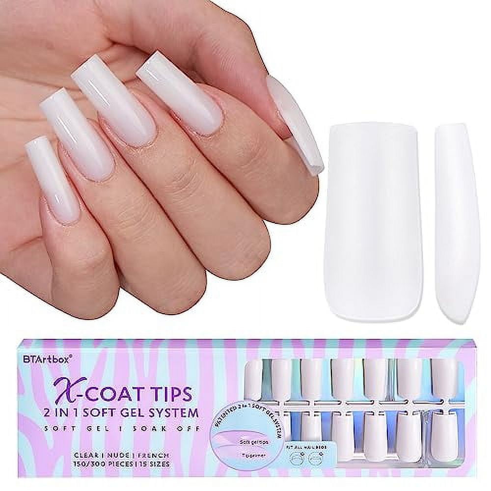 Long Square Gel Nail Tips BTArtboxnails Milky White Soft Gel Nail Tips, 2 in 1 Neutral Xcoat