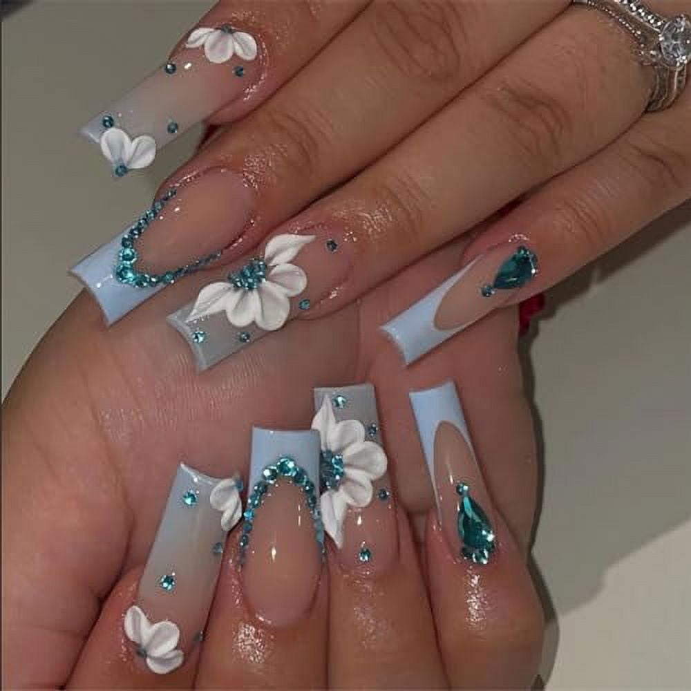 Long Square Press on Nails White Fake Nails French Tip Glue on Nails 3d Rose Flower Bow Charm Design Jeweled Acrylic Nails 24Pcs Squoval Full Cover Coquette False Nails