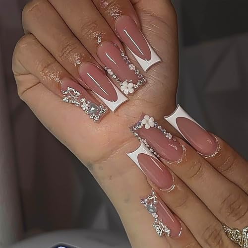 Long Square Press on Nails White French Tip Fake Nails Nude Full Cover Glue on Nails with 3D Butterfly Heart Designs Long Square Nail Press ons Sparkly Cute Stick on Nails for Women 24Pcs