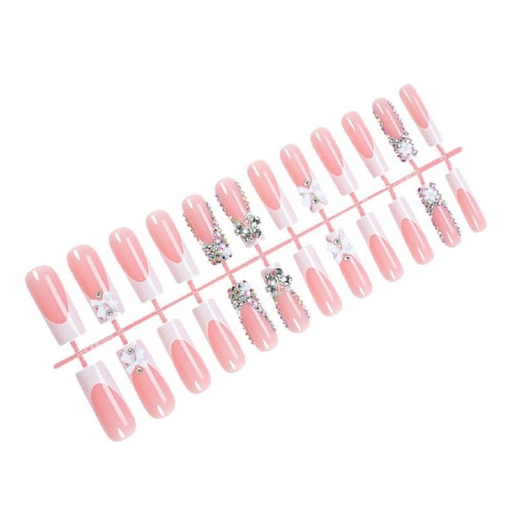 Long Square Press On Nail With 3D Bowknot and Rhinestones Designs False Nail Sparkling Stick on Nail for Women and Girls