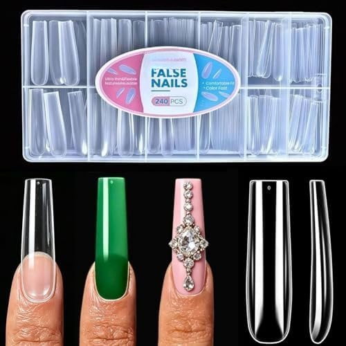 Long Square  Tips,240Pcs Clear Full Cover Soft Gel  Tips,12 Sizes Pre-Shaped Straight Square Nails,3XL Clear Press   Extensions for Beginners & Professionals Salon  DIY