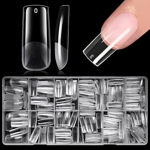 Long Square  Tips, 300 count Gel  Tips Square Long  Nails, Full Cover Clear 15 Size  Nails Tips for  Extensions, Press  Nails Making