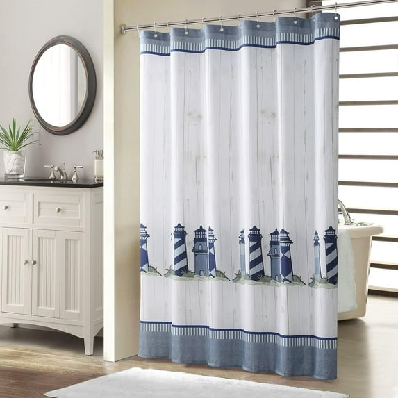 Long Stall Shower Curtain, 54 x 72 Inch Coastal Shower Curtain, Seashell Starfish Nautical Lighthouse Fabric Shower Curtains for Bathroom, 54" W x 72" H