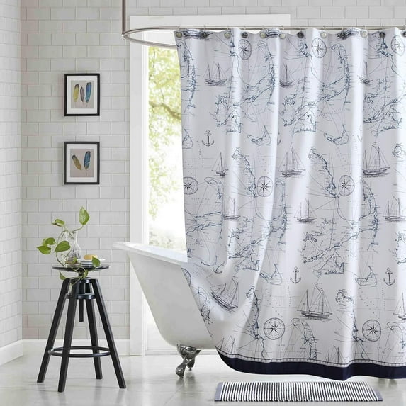 Long Stall Shower Curtain, 54 x 72 Inch Coastal Shower Curtain, Seashell Starfish Nautical Lighthouse Fabric Shower Curtains for Bathroom, 54" W x 72" H