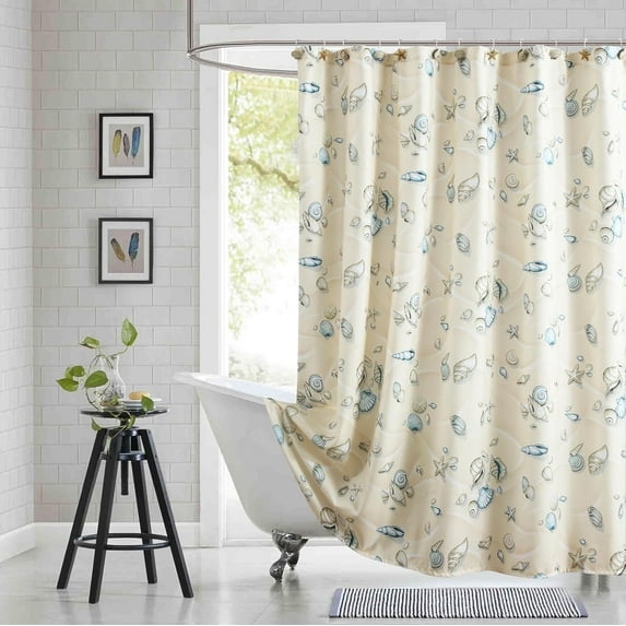 Long Stall Shower Curtain, 54 x 78 Inch Coastal Shower Curtain, Seashell Starfish Nautical Lighthouse Fabric Shower Curtains for Bathroom, 54" W x 78" H