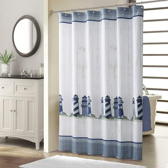 Long Stall Shower Curtain, 54 x 78 Inch Coastal Shower Curtain, Seashell Starfish Nautical Lighthouse Fabric Shower Curtains for Bathroom, 54" W x 78" H