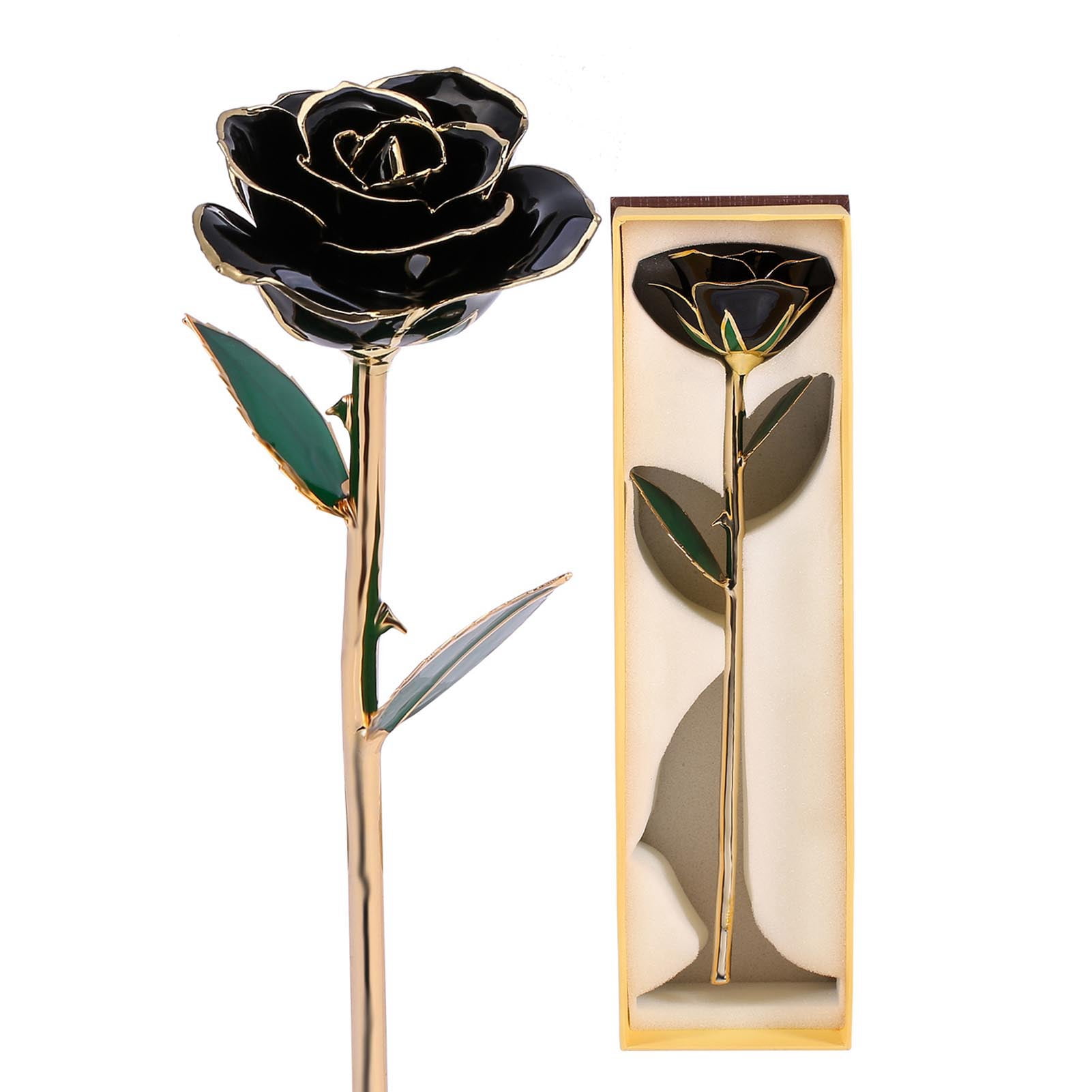 Long Stem Dipped Gold Trim Red Rose In Gold Gift Box with Stand ...