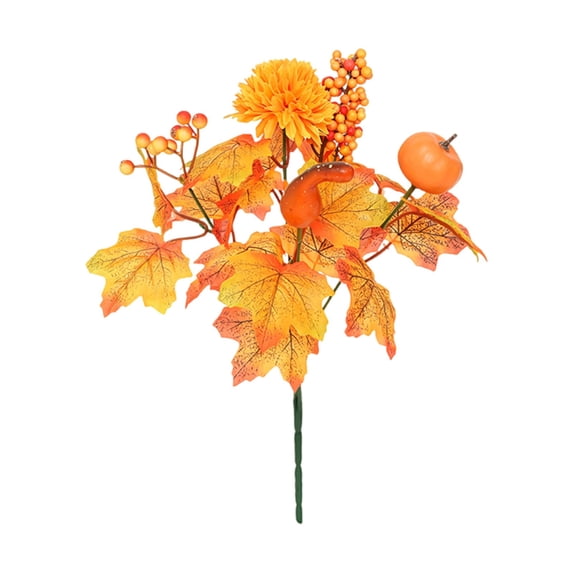 Long Stem Fall Artificial Pumpkin Floral Bouquet, Faux Maple Leaf Decor Branch, Seasonal Harvest Accessory, Warm Toned Floral Stem for Thanksgiving Gathering and Holiday Table Displays