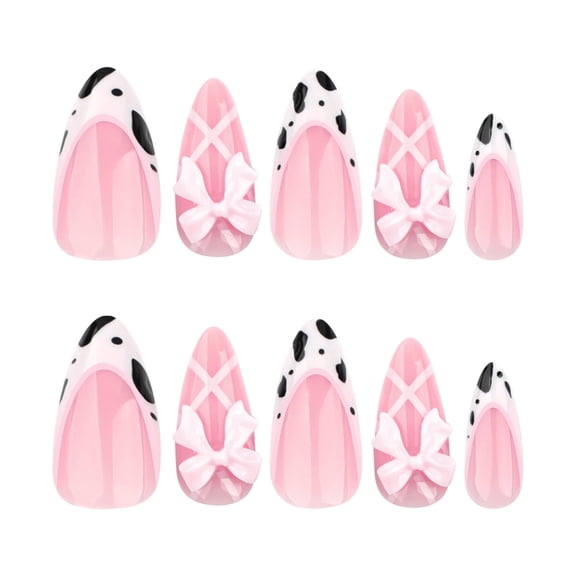 Long Stiletto Pink Press on Nails with Cow Print, Cross Pattern & Bow Detail for Daily Manicure & Party, 24 PCS