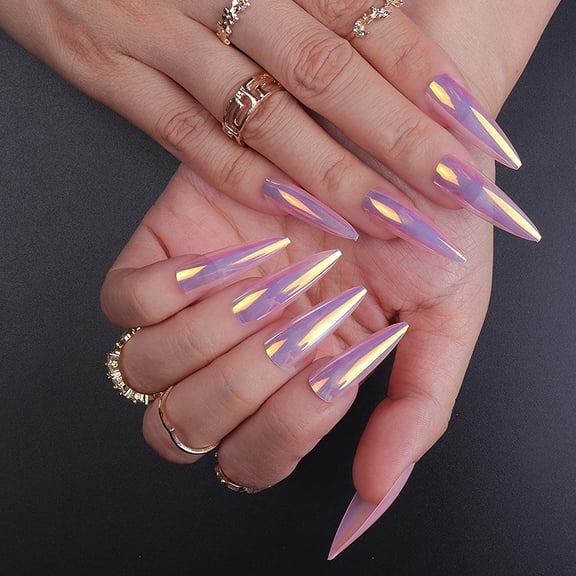 Long Stiletto Press on Nails Almond Fake Nails Glossy Glue on Nails Pink Chrome Acrylic Nails Laser Artificial Nails Aurora Artificial Nails Bling Pearl Flash Stick on False with Design 24 pcs