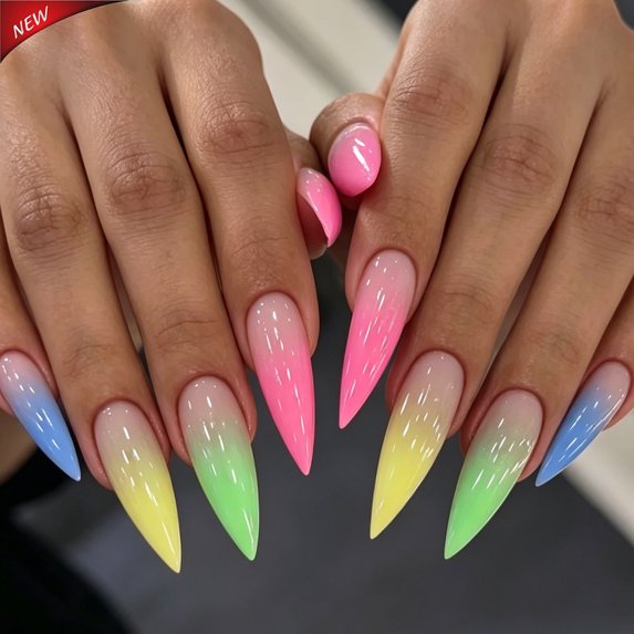 Long Stiletto Press On Nails for Women,Rainbow Gradient Glue On Fake Nails,Full Cover Pastel Acrylic False Nail Tips,Sweet Spring Colorful Stick On Manicure,Reusable Artificial Nail Kit,24Pcs