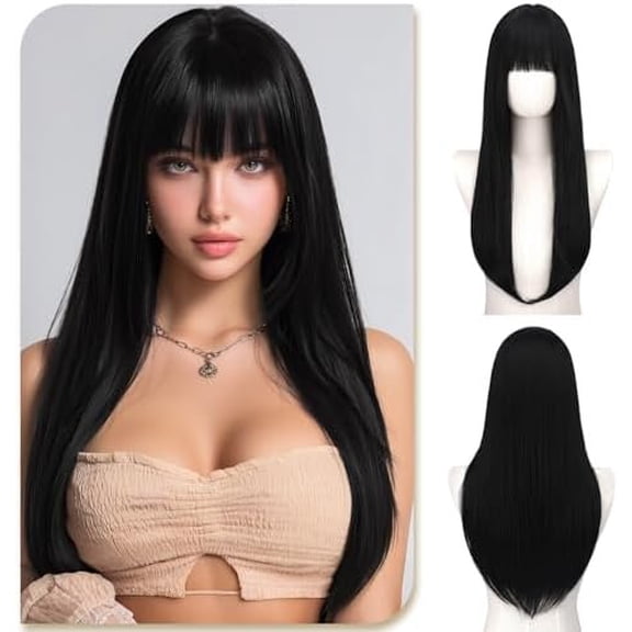 Long Straight Black Wigs for Women - 22 Inch Wig with Bangs Looking Soft Heat Resistant Synthetic Wigs for Women Daily Party Use, Black