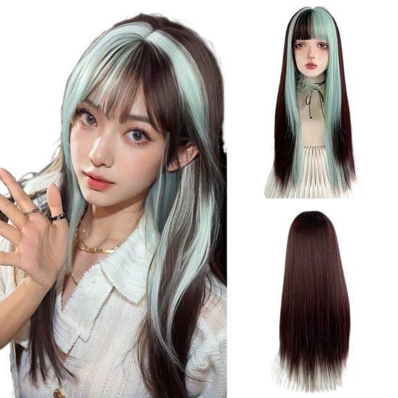 Long Straight Blue Brown Gradient Mixed Color Wig Women's Synthetic Fiber Fluffy Hair Accessories Suitable for Daily Party Cosplay