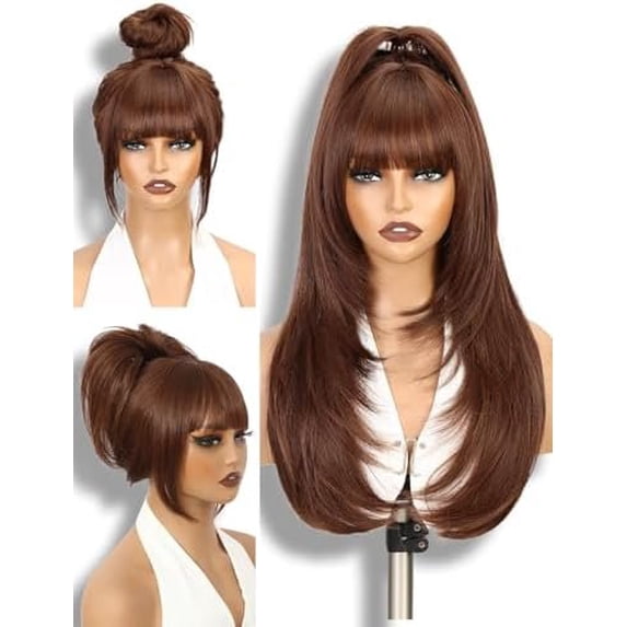 Long Straight Ginger Wig with Bangs for Women Layered Wigs With Hairstyle 4x2 Realistic Scalp Glueless Wig Synthetic Heat Resistant for Daily Party Use(Ginger, 26Inch)