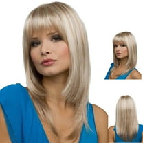 Long Straight Layered Cut with Bangs,Blonde Highlight Wig for Women,Shoulder Length Natural Looking Synthetic Wigs,White,9.8oz