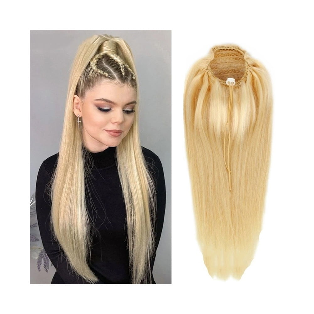 Long Straight Ponytail Extension 10"-20" Real Human Hair #613 Blonde Drawstring Ponytail Clip in  Straight Hair Pony Tails Hairpieces for Women
