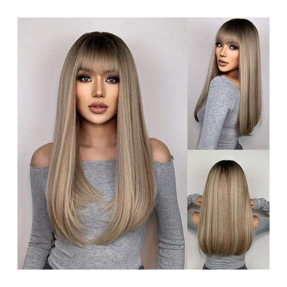 Long Straight Synthetic Wigs for Women Natural Brown Blonde Wig with Bangs Heat Resistant Cosplay Party Hair