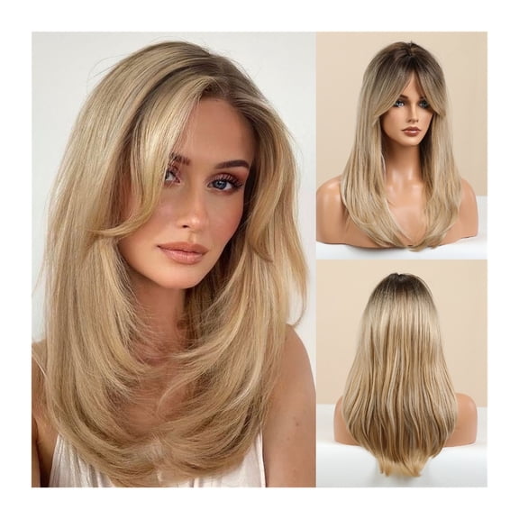 Long Straight Synthetic Wigs with Dark Roots, Ombre Black Blonde Ash Wigs with Bangs 20" Fashion Heat Resistant Wigs for Women Daily Party Use