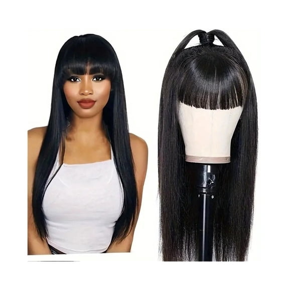 Long Straight Wig with Bangs Fringe Brazilian 100% Human Hair Wigs for Women