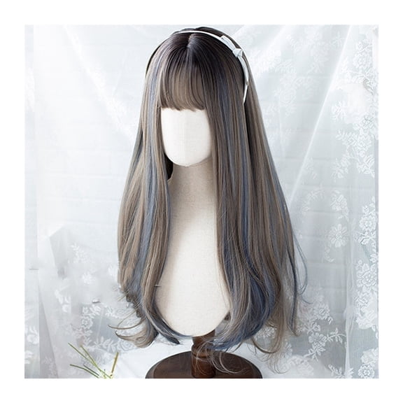 Long Straight Wig with Bangs for Women Girls Brown Mixed Blue Synthetic Wig for Daily Party Cosplay, Natural Heat Resistent Wig